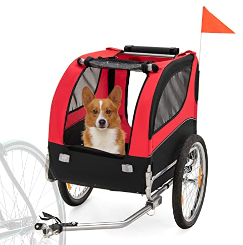 GOPLUS Haustieranhänger, Atmungsaktiver Hundewagen mit 3 Eingängen, Sicherheitsfahne, Reflektoren, Transportbox mit Schnellspannrädern, Universal-Fahrradkupplung, für Hunde & Haustiere (Rot)
