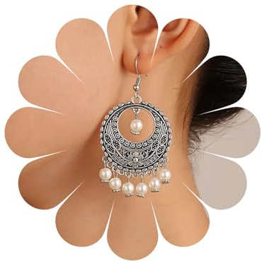 TseenYi Pendientes Gitana Vintage Perla Colgante Gota Pendientes Boho Gitana Étnica Pendientes De Perlas Borla Gancho Joyas Para Mujeres Y Niñas Regalos(plata)