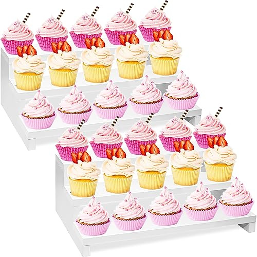 KHayRovies 2Pcs Cupcake Stand Cake Pop Stand Holder, 3 Tier Wood Cup Cake Tier Tray Stand Tower, White Dessert Table Display Shelf Riser for Vendor Party Wedding Figures Perfume Organizer Decorative