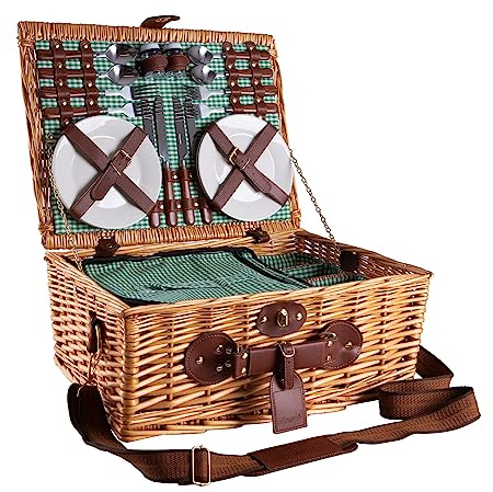 eGenuss Cesta de Mimbre para Picnic 4 Personas | con Correa de Hombro Desmontable, Cubiertos de Acero Inoxidable, refrigerador, Copas de Vino y Platos en Porcelana | Verde