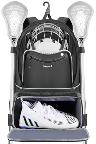 Arcoyard Extra Large Lacrosse Backpack with 2 Stick Holders, Professional Lacrosse Bag with Ventilated Cleats Compartment and Insulated Pocket, for All Lacrosse or Field Hockey Gear, Black