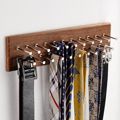TreeHouse London Tie Rack Organizer – Holds 40 Large Ties – Solid Wood & Sturdy Metal Storage Holder for Closet – Wall Mounted Tie Display Hanger for Wall, Bedroom - (Walnut Tie Rack) 16 L X 4.25 H