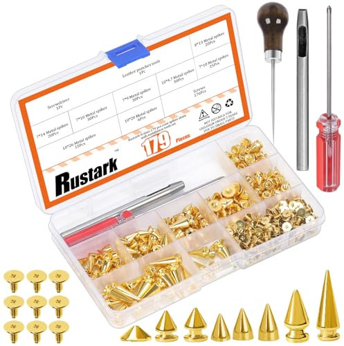 Rustark 179 Stück 8 Größen Gold Punk Nieten Spitznieten Metall Killernieten Sortiment Set mit Werkzeugen, Spike Bolzen Rostfrei Ziernieten Kegel Spike Nieten für DIY Kleidung Lederhandwerk
