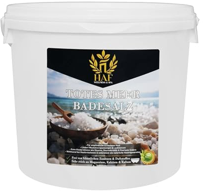 HAF® Premium Totes Meer Badesalz für empfindliche & trockene Haut | Meersalz 100% naturrein aus Jordanien für den Stressabbau | Mineralsalz für guten Schlaf & zur Körperpflege | 5 kg im Eimer
