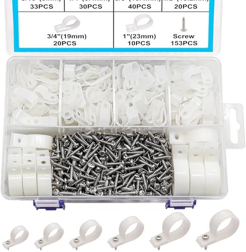 TWTADE 306PCS White Cable Clamps Assortment Kit, Nylon Plastic R-Type 6 Sizes 3/16'' 1/4'' 3/8'' 1/2'' 3/4'' 1'' Cable Mounting Wire Clips Fastener with Screws for Wire Management