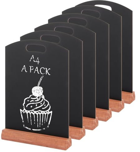 CYEER Chalk Board Set of 6, Desktop Blackboard A4 Display Board, Double Sided Mini Chalkboard Signs Presentation Message Boards Rustic Wooden Stands for Restaurant, Wedding, Bar, Office, Counter