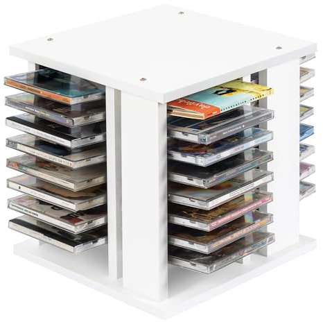 WelFurGeer Solid Wood CD Storage Rack, 360° Rotating CD Case Holder - Hold up to 68 CD Cases, DVD Case Storage Shelf, CD/DVD Organizer Shelf for Home, Office, Theatre (White)