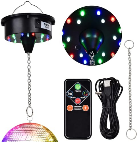 Wadakada Luces de Motor de Bola de Discoteca con Control Remoto, 3-15 RPM, Giratorio Ajustable, 18 LED para Motor de Bola de Espejo de 8, 10, 12, 16, 20 y 24 Pulgadas