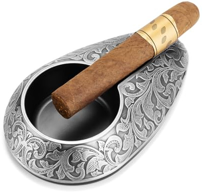 Cenicero de cigarros portátil de acero inoxidable cepillado con escultura exquisita, cenicero irrompible con base antideslizante, accesorio de puros duradero y clásico (plateado)