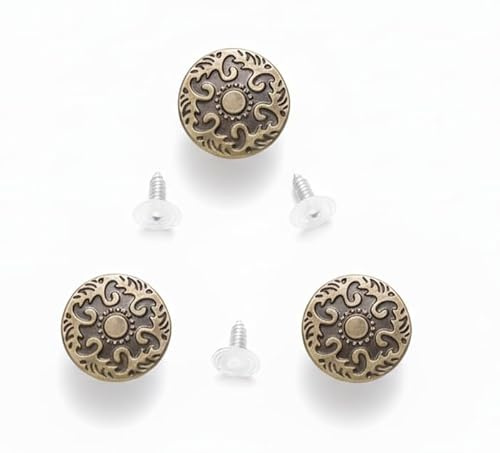 12 uppsättningar jeansknappar, set Ø 17 mm – antik brons med mönster – metallknappar av järn inkl. penna (7,5 x 8 mm) – platt rund, robust och rostfri – perfekt för sömnad, hantverk och reparation av