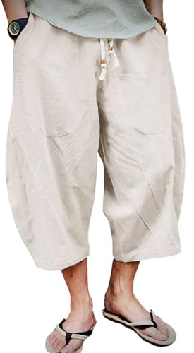 EKLENTSON Mens 3/4 Length Shorts Summer Cotton Linen Shorts | three quarter length,below knee,lightweight,elastic waist,loose fit,capri pants,baggy long shorts,beach,casual