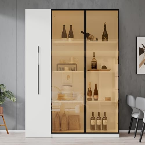 NuvlaGu Armario multifunción con LED y puerta de cristal de 110,5 x 35 x 160 cm – Vitrina moderna con extensión lateral y ruedas – Armario alto en blanco y negro para salón, comedor, baño