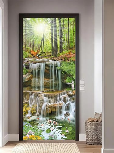 FLFK 3D Door Stickers Peel and Stick 77x200cm,Self-Adhesive Door Murals Wallpaper Poster Sunshine Forest Deer Decals for Home Decor(2Pcs/Set)
