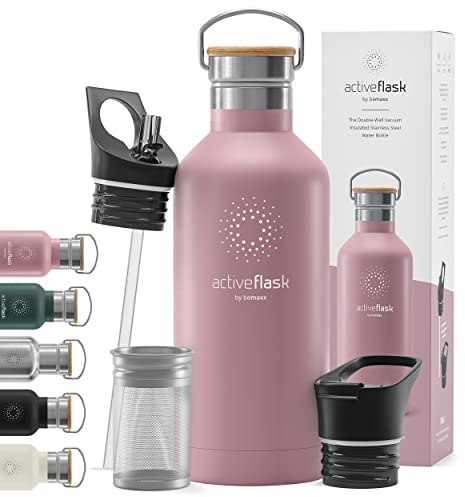 Trinkflasche Edelstahl mit Strohhalm, Infuser + 3 Deckel: BPA-frei, Auslaufsicher, Kohlensäure geeignet - Wasserflasche Fahrrad Thermosflasche Isoliert Isolierflasche Sport Wasser Flasche Kinder Tee