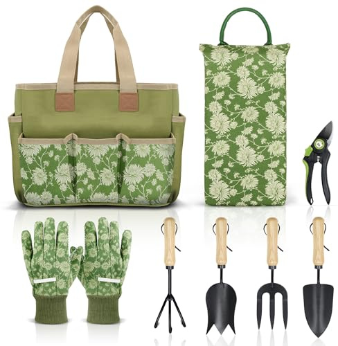 Colwelt Set di attrezzi da giardino, resistenti attrezzi da giardinaggio con manico in legno, tra cui borsa da giardino, ginocchiera, guanti, trapiantatore, coltivatore, regali di giardinaggio per