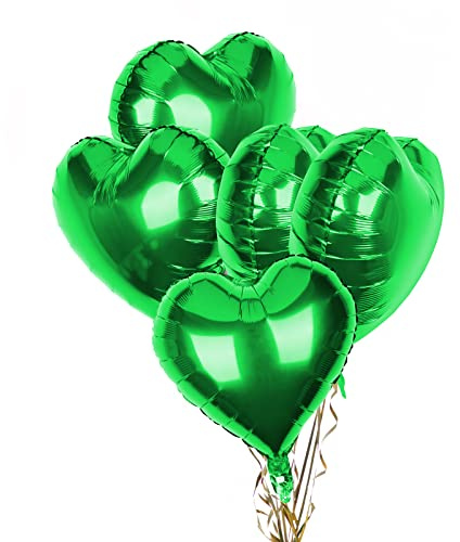 Pack of 5 Green Heart Balloons, 18 Inches Heart Shape Foil Balloons, Heart Balloons Helium for Valentines Engagement Bridal Shower Graduation Baby Shower Wedding Anniversary Birthday Party Decorations