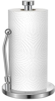 E-ROOM TREND Kitchen Roll Holder/Paper Towel Holder with Spring Arm | Stainless Steel Organizer Dispenser Free Standing with Weighted Base | for Kitchen Barthroom Countertop (ZJ273S) | Brushed Silver