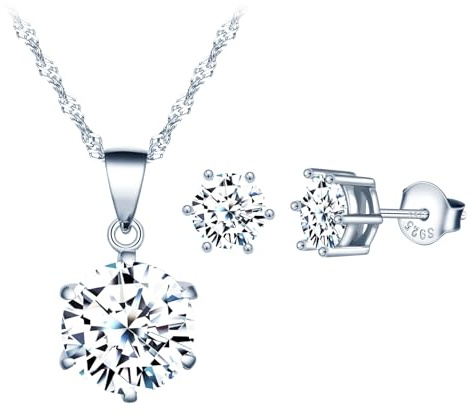 MICSAVI Collana e Orecchini Set di Gioielli da Donna Ciondolo Zirconia cubica con Catenina in Argento Sterling 925