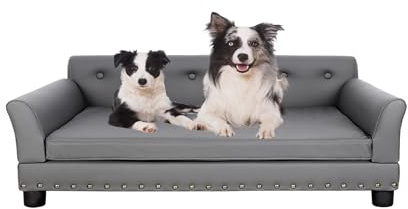 BingoPaw Large Dog Sofa Couch: Luxury Microfiber Leather Cloth Pet Sofa Lounge Bed for Large Dogs - Wooden Frame Raised Puppy Sofa Chair with Comfortable Cushion Mat Grey XL(120x74cm)