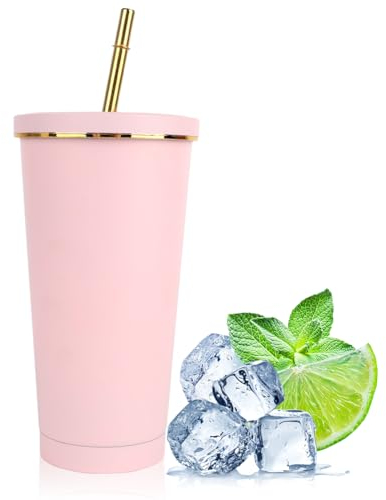 Tutamaz Thermobecher Kaffeebecher to Go, 500ml Isolierter Edelstahl Thermobecher mit Griff Tumbler Cup für Kalte Heiße Getränke Thermo Becher für Autobecher Zuhause Reisen-Rose