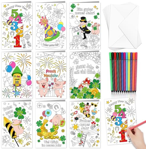 DPKOW Neujahrskarten mit Umschlag Stift, 18 Glücksbringer Silvester Karten zum Ausmalen Kinder Basteln Geschenke Neujahrsglücksbringer, Bemalbare Karte Beschäftigung Kinder Glücksbringer