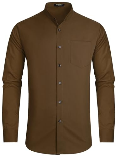 HISDERN skjorta herr bomull herrskjortor långärmade affärsskjortor fritidsskjorta för män utan krage strykfria skjortor herr button down med ficka S–4XL, En-brun, XXL