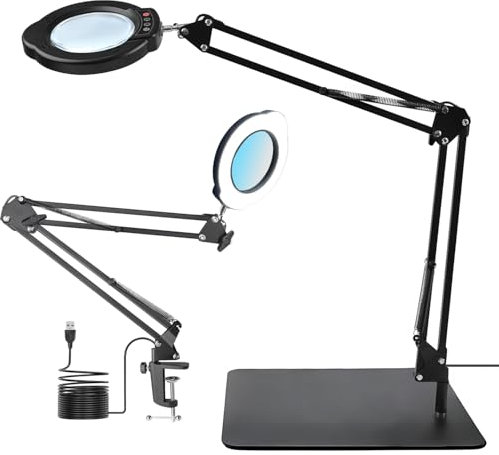 Upgrade 15 x Magnifying Glass with Light, LED Desk Lamp with Base and Clamp, 5 Colour Modes, 10 Stepless Dimmable, 84 LEDs, 4.2 Inch Diameter Real Glass Lens LED Magnifying Glasses for Reading Work