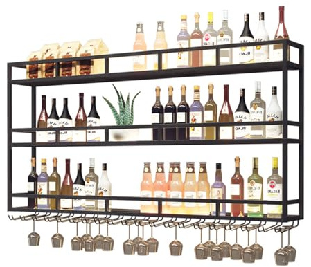 Large Heavy Duty 39in Wine Rack with LED Wall Mounted Bottle Glass Holder Under Shelf, 3-Tiers Liquor Floating Shelves Display Storage Organizer Hanging Long Stemware Goblet Metal for Home Bar