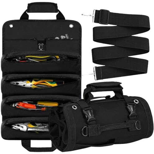 Sac à outils enroulable, organiseur de rangement vide enroulable robuste, portable et pliable avec 2 petites pochettes, sac à outils de transport enroulable pour papa, homme, mécanicien, cadeau