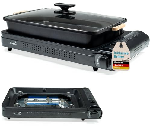 Skandika Gasspis Brann XL med stekpanna | aluminium campingköksset med stekpanna och lock, piezo-tändning, 1 lampa, steglöst justerbar, för gaspatroner MSF-1A 227 g | Campinggrill