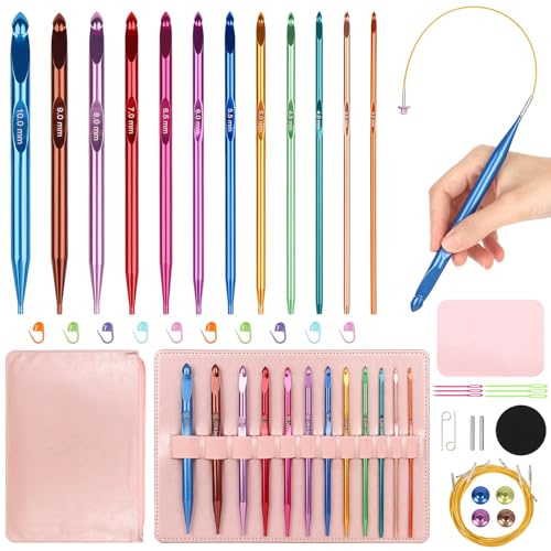 Aeelike tunisisk virkningskrokar set, utbytbar virkkrok med kabel | 12 storlekar 3 mm-10 mm, utbytbar metall tunisisk virknål med kabel, extra långa virkkrokar för tunisisk