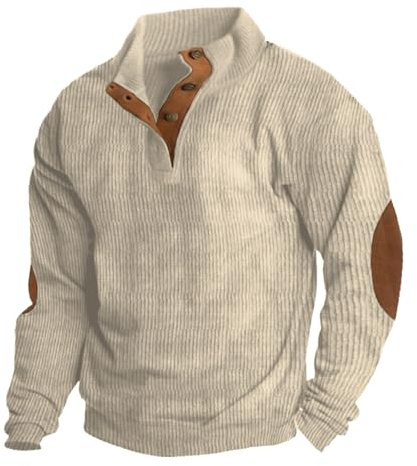 Sudadera de cuello alto para hombre, manga larga, lisa, con botones, manga larga, de invierno, corte ajustado, jersey de punto de algodón, suéter suave para hombre, suéter de invierno, Blanco, 5XL