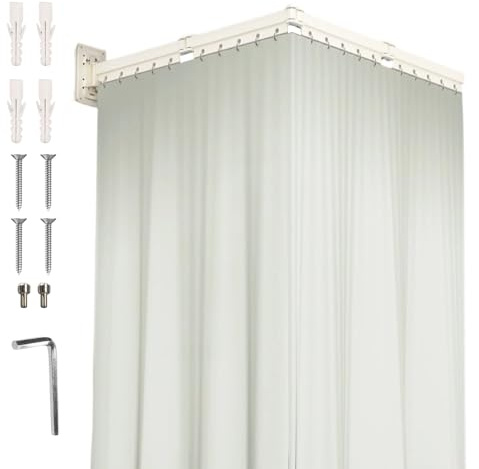 Asta per tenda da doccia pieghevole con tenda da doccia (1,5 x 1,8 m), con foratura montaggio a parete per vasca da bagno, asta per tende regolabile impermeabile, forma a L/U forma a scala forma