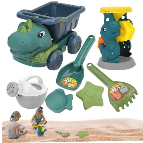 ANosteie Juguetes de Playa 7 Piezas Juguetes de Arena de Dinosaurio Incluye camión volquete regadera Pala rastrillo y moldes de Arena Caja de de plástico Segura para niños pequeños niñas y niños