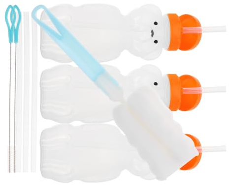 SHINEOFI Bouteille de Jus Ours 230ml, Lot de 12 avec Paille | Réutilisable, Hermétique, PE, avec Brosse de Nettoyage, pour Lait et Jus, Noël et Nouvel An