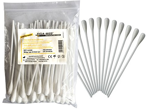 TIGA-MED Medizinische Wattestäbchen mit großem Kopf | 100 Stück (2 x 50) | PE-Stab 15cm | hygienisch verpackt | für Medizin, Kosmetik und Haushalt