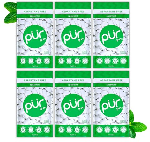 PUR Gum | Sugar Free Chewing Gum | Made with Xylitol | Vegan, Aspartame Free, Gluten Free and Keto Friendly | Natural Spearmint Flavoured Gum, 55 Pieces (Pack of 6)