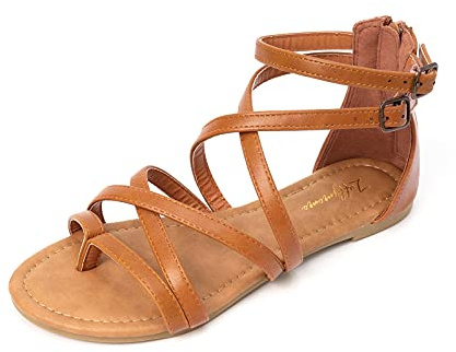 Luffymomo Women's Gladiator Strap Sandals Flat Fisherman Thong Cross Strappy Sandals（10 M US BROWN）