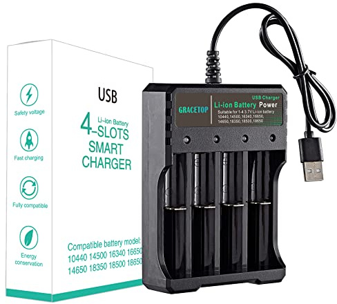 18650 Battery Charger 4-Bay 5V/2A for Rechargeable Batteries 3.7V Li-ion TR IMR 18650 18500 14500 16340(RCR123) Red/Green Display (Not Battery)