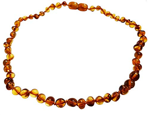 Genuine Baltic Amber Necklace - Polished Beads - Cognac Colors - Knotted Between Beads - Size 36 cm - 14 inch