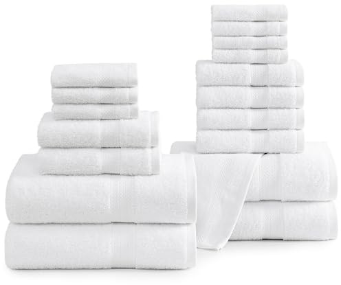 LANE LINEN Cotton Bath Towel Set 18 Piece - Super Soft, Absorbent & Quick Dry - 4 Bath, 8 Washcloths, 6 Hand Towels for Bathroom - Hotel Quality Turkish Towels, Ideal for Spa, Gym & Travel - White