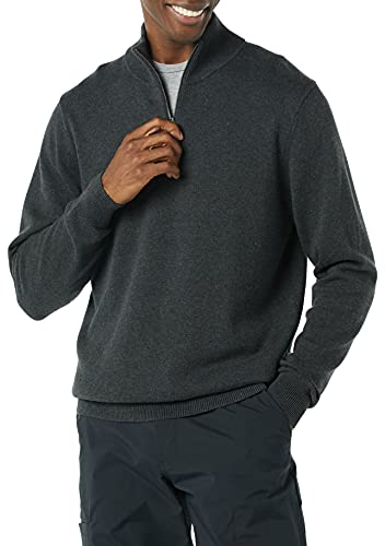 Amazon Essentials Herren Pullover mit Viertelreißverschluss aus 100% Baumwolle, Dunkelgrau Meliert, L