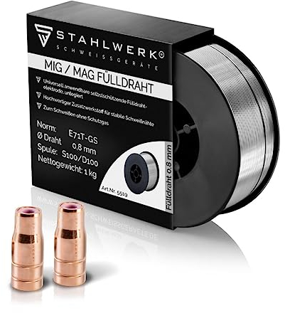 STAHLWERK Juego de accesorios de soldadura de alambre FLUX 1 rollo de alambre de acero 1 kg 0,8 mm + 2 boquillas de alambre de llenado para antorchas de soldadura MIG MAG 15-AK MB-15