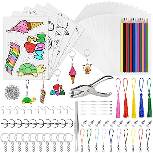 PLULON 194 stycken krympbart plastkit, jungfrun infällbart papper, infällbart konstpapper, hålslag, pincetter, tillbehör, nyckelringar för gör-det-själv-prydnader