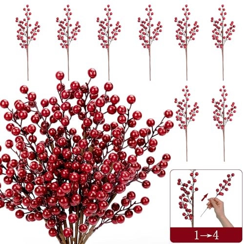 MACTING Weihnachts-Rote Stechpalmen-Beeren-Stiel-Ornamente, 8 Stk. Große Zweige/32 Stk. Künstliche Beeren-Zweige, 43,2 cm Abnehmbare Beeren-Zweige, Heimdekoration für Weihnachtsbaum-Kranz…