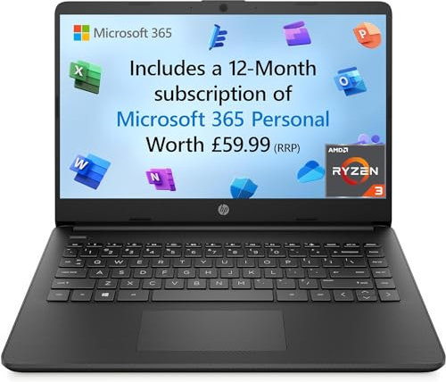 HP Laptop 14s-fq0004na, 14 Full HD Laptop, AMD Ryzen 3 3250U processor, 2,6 GHz, 4GB Ram, 128 GB SSD, Windows 11 in S Mode, Black, with Microsoft 365 Personal 12 Months Included