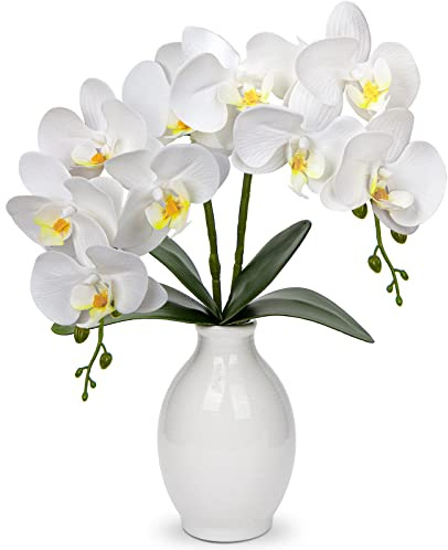 Hollyone 40CM Artificial White Orchid Flower in Vase, Large Fake Orchid Plant with Ceramic Vase, Decorative Faux Phalaenopsis for Home Decor, Bathroom, Living Room, Desk, Centerpiece Decorations