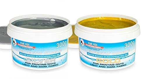 Flat Fox Screen Printing Opaque Water Based Fabric Inks (Gold & Silver Set, 300g)…