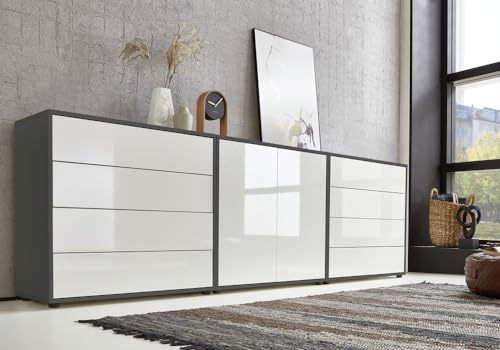 BMG Möbel Sideboard Mailand Set 4 (Schubladenkommode Kommode Anrichte, in anthrazit/weiß), Push-to-Open-Funktion