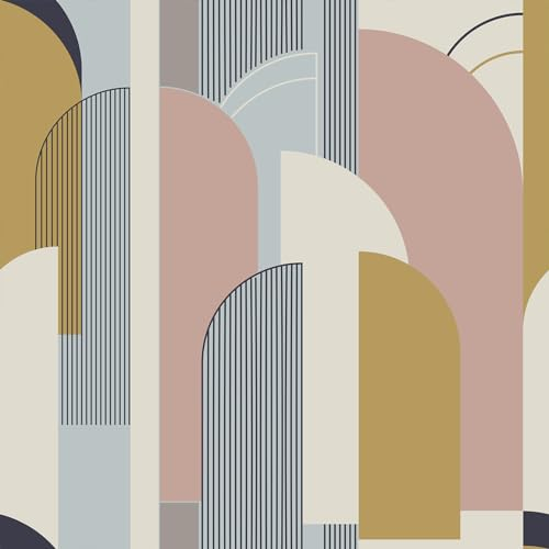 VEELIKE Papier Peint Geometrique Abstrait Papier Peint Graphique Rose et Gris Arcs Papiers Peints Decoratifs Boho Salon Papier Adhesif pour Meuble Chambre Armoire Stickers Meubles Deco 44.5cm×300cm